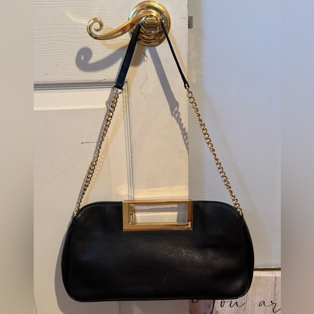 Michael Kors Black Leather Clutch w/ Shoulder Strap & Gold Details - Picture 2 of 7
